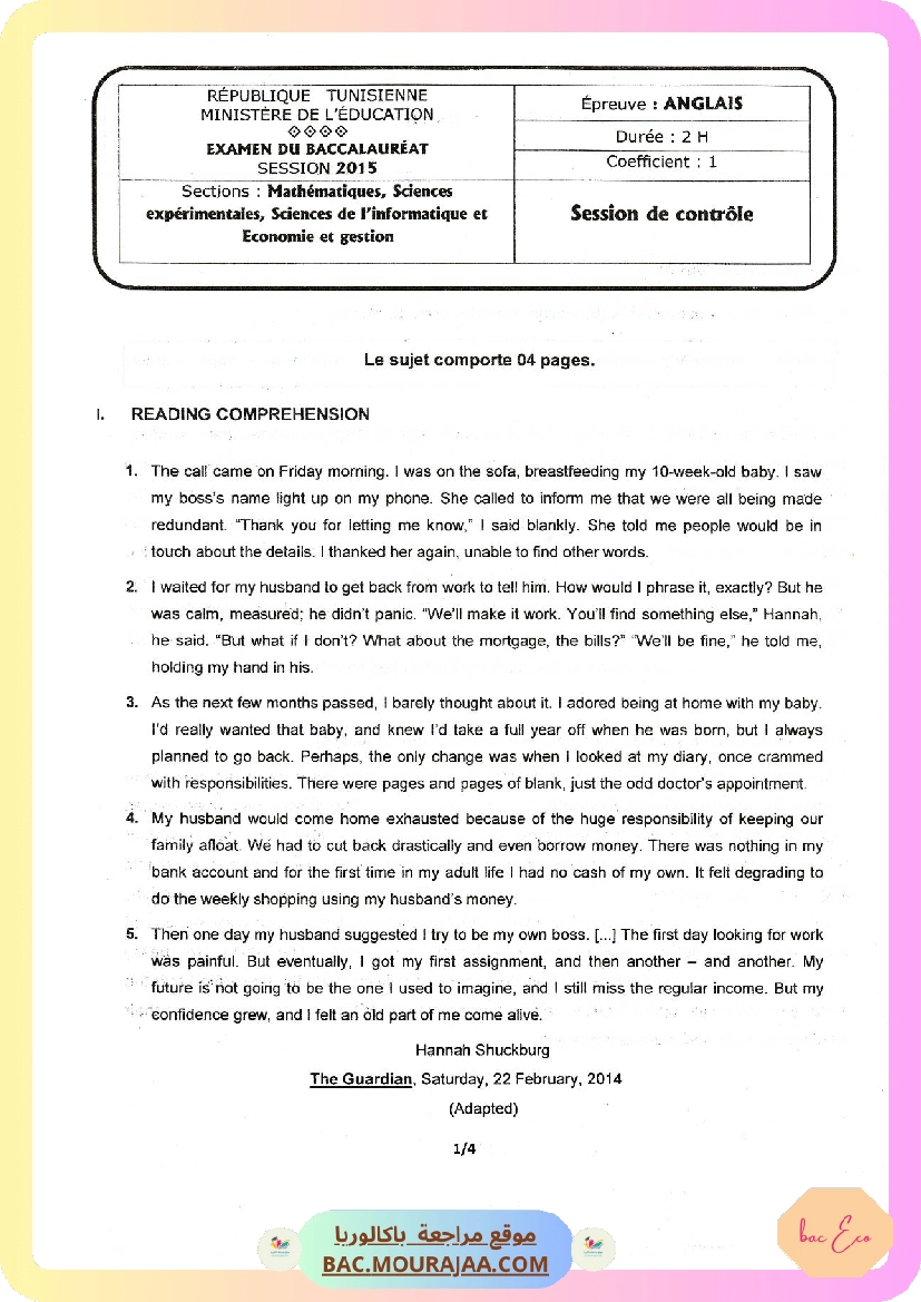 Sujet controle anglais Bac 2015 – Section eco
